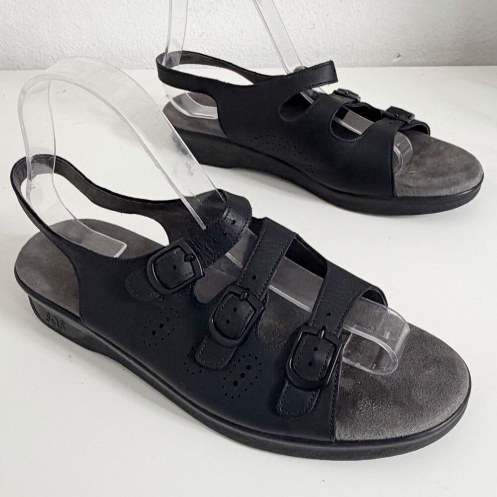 SAS Sandals Womens 9.5 Black Leather Caress Slingback Ankle Strap Wedge Heel USA